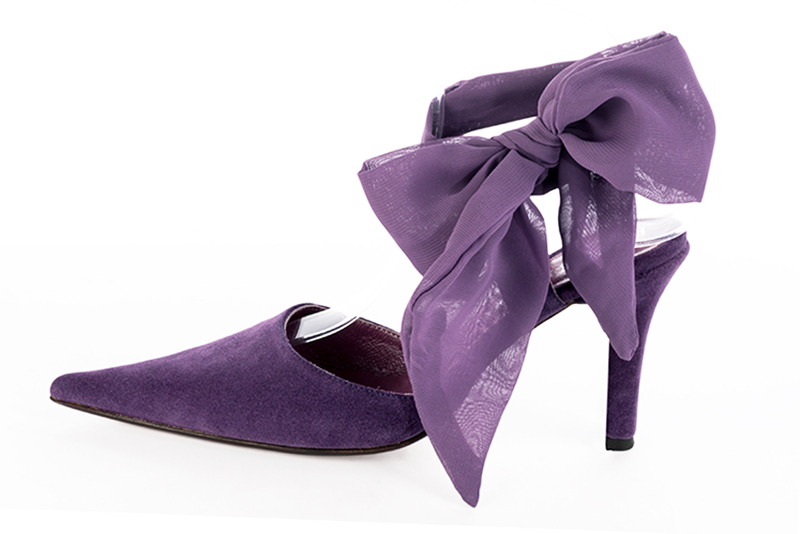 Amethyst purple women's open back shoes, with an ankle scarf. Pointed toe. High slim heel. Profile view - Florence KOOIJMAN